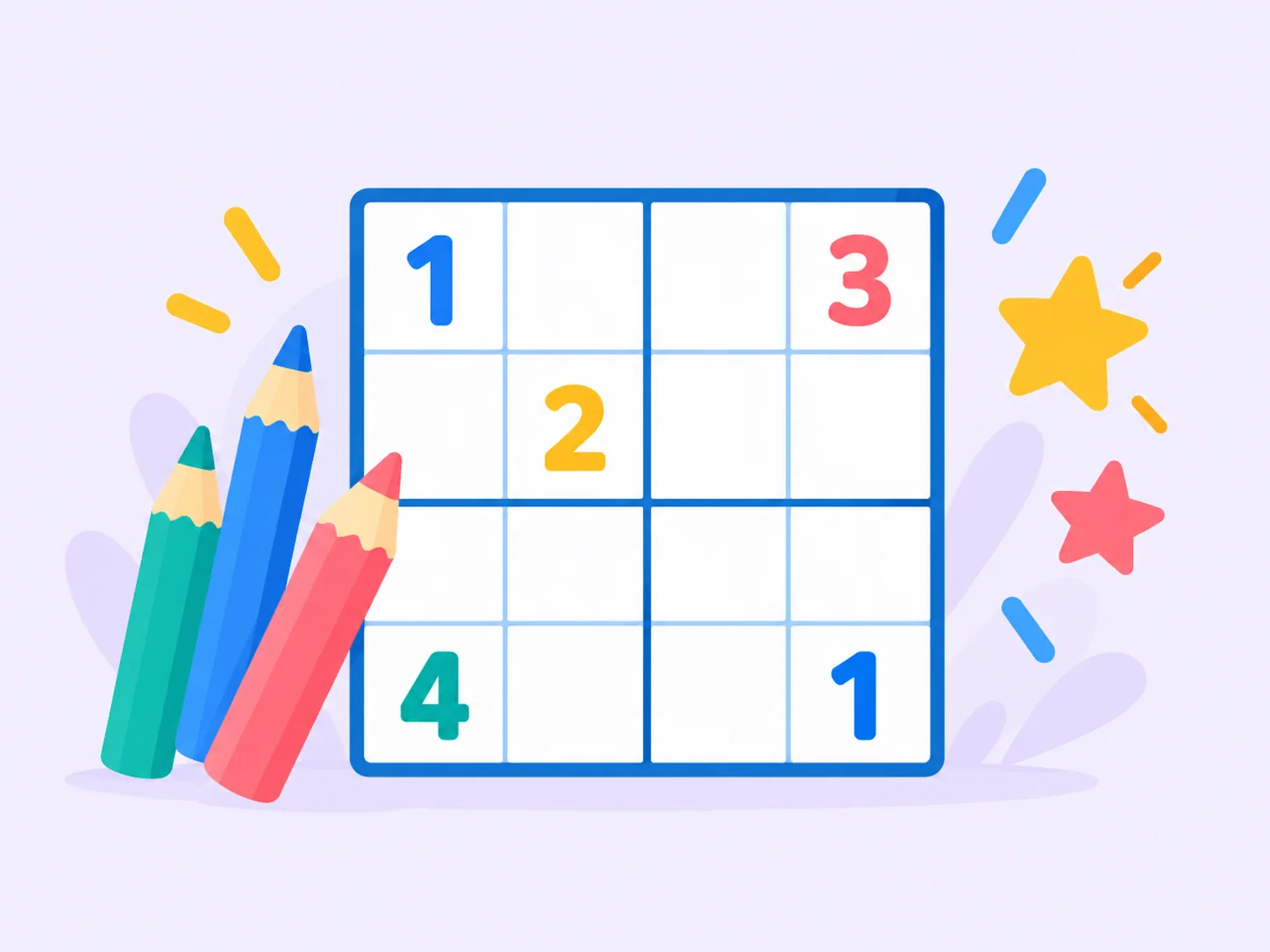 Grille de Sudoku 4×4 pour enfant avec des crayons colorés et des étoiles
