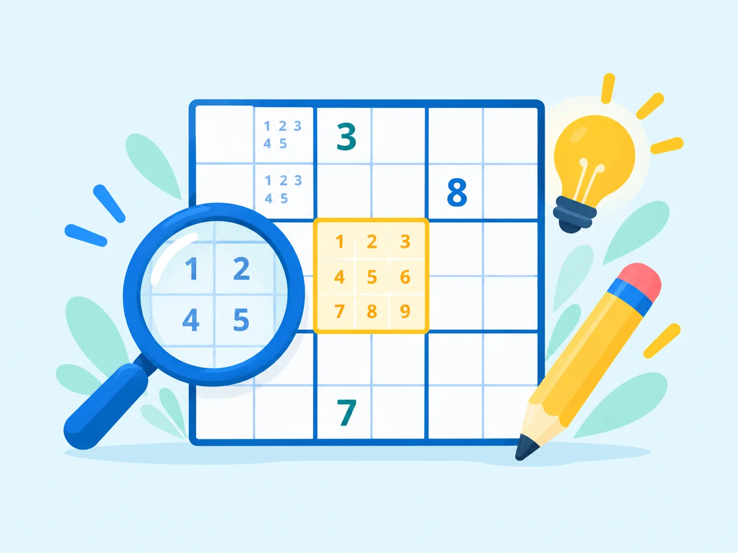 Grille de Sudoku avec une loupe et des annotations pour apprendre les techniques de résolution