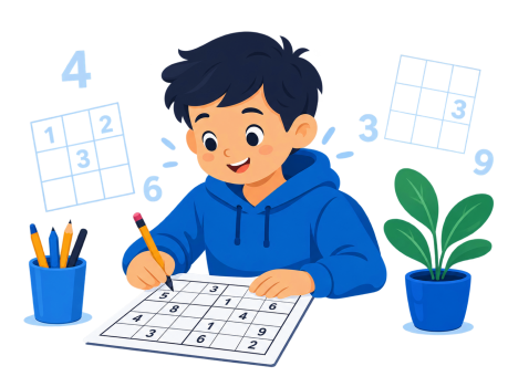 Enfant jouant à une grille de Sudoku